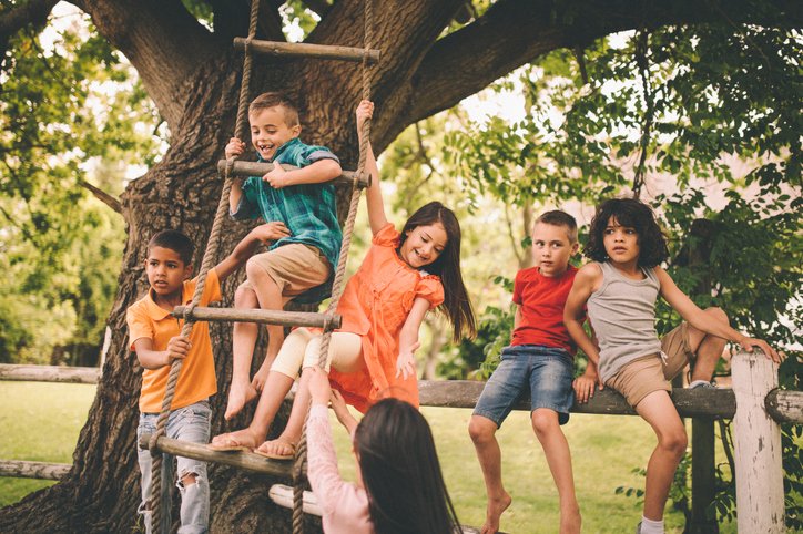 Children playing on fence and rope ladder in a park